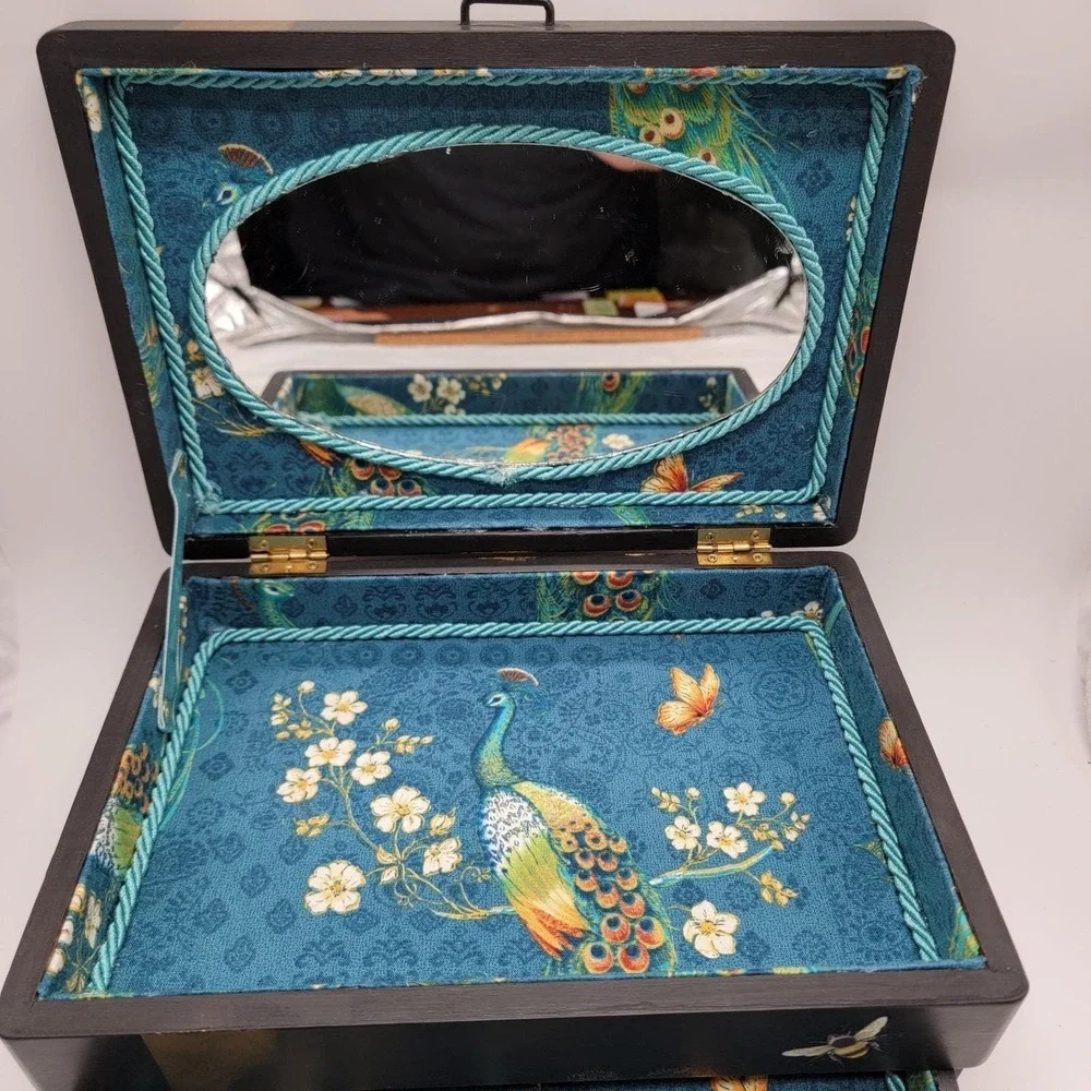 Vtg Wooden Jewelry Box Custom Hand Painted Black Gold Dragonfly Peacock